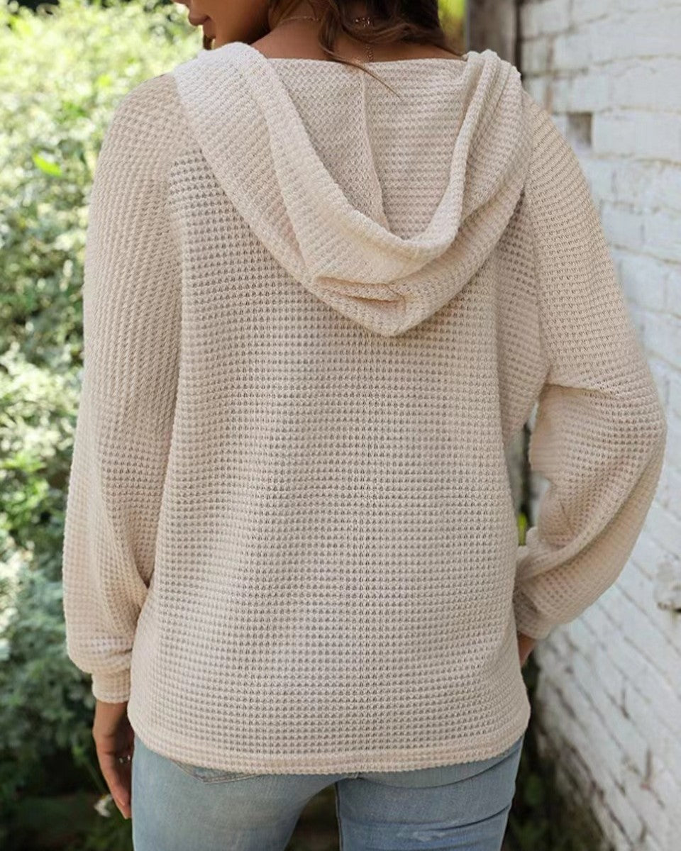 Waffle Knit Henley Button Hoodie - White - 2