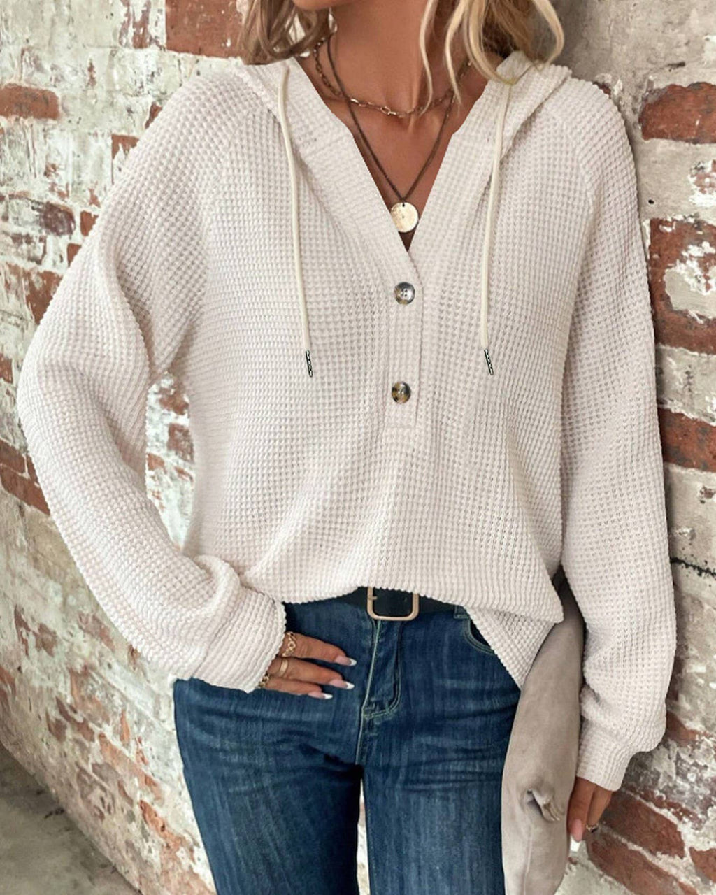 Waffle Knit Henley Button Hoodie
