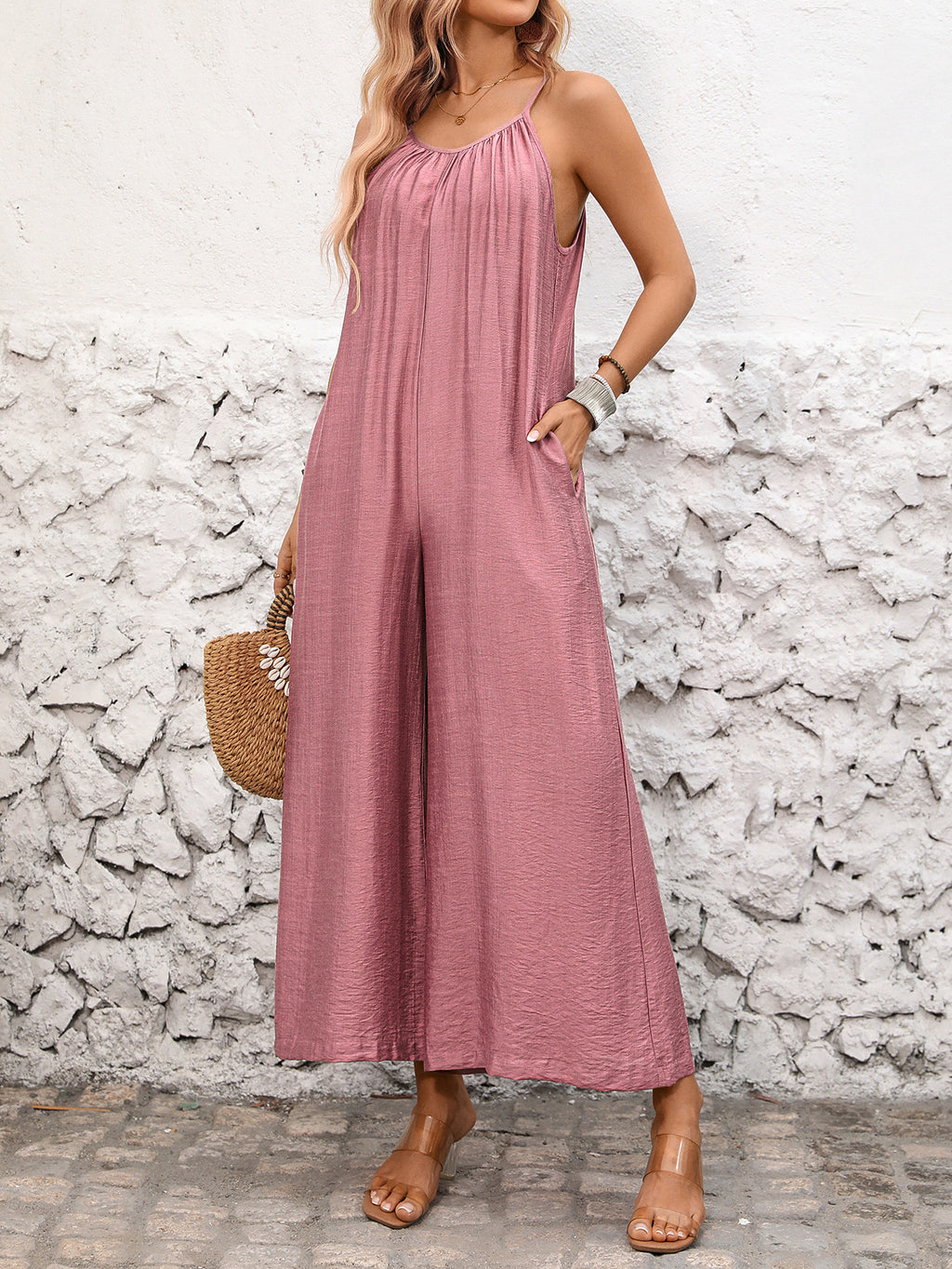 Boho Wide Leg Strappy Open Back Jumpsuit - Pink - 3