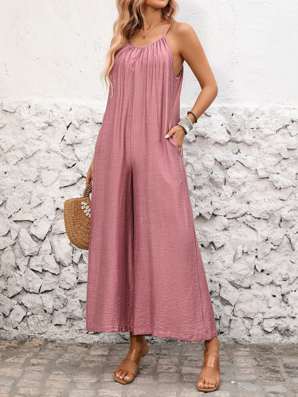 Boho Wide Leg Strappy Open Back Jumpsuit - Pink - 3