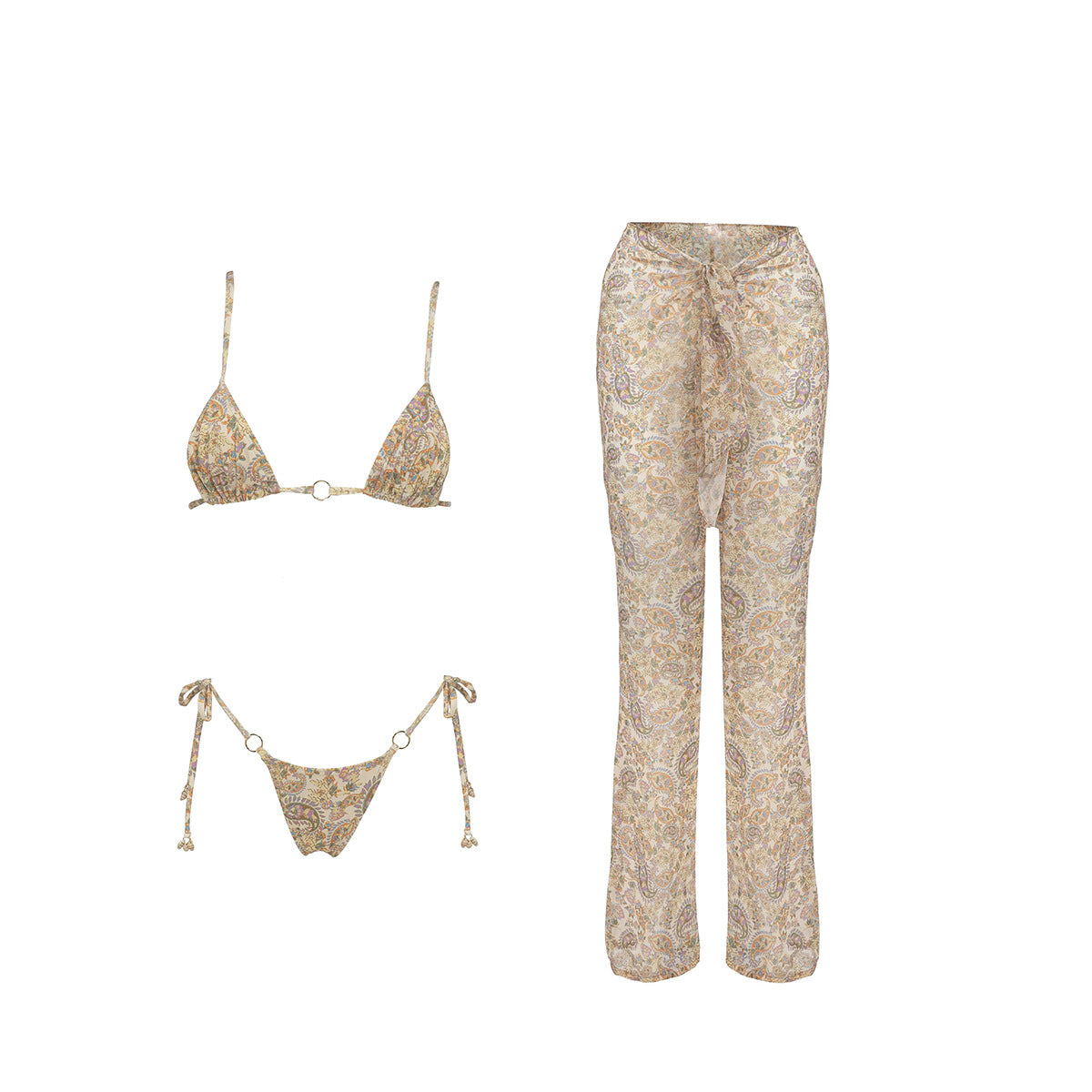 Printed Triangle Bikini And Cover Up Pants - Beige
