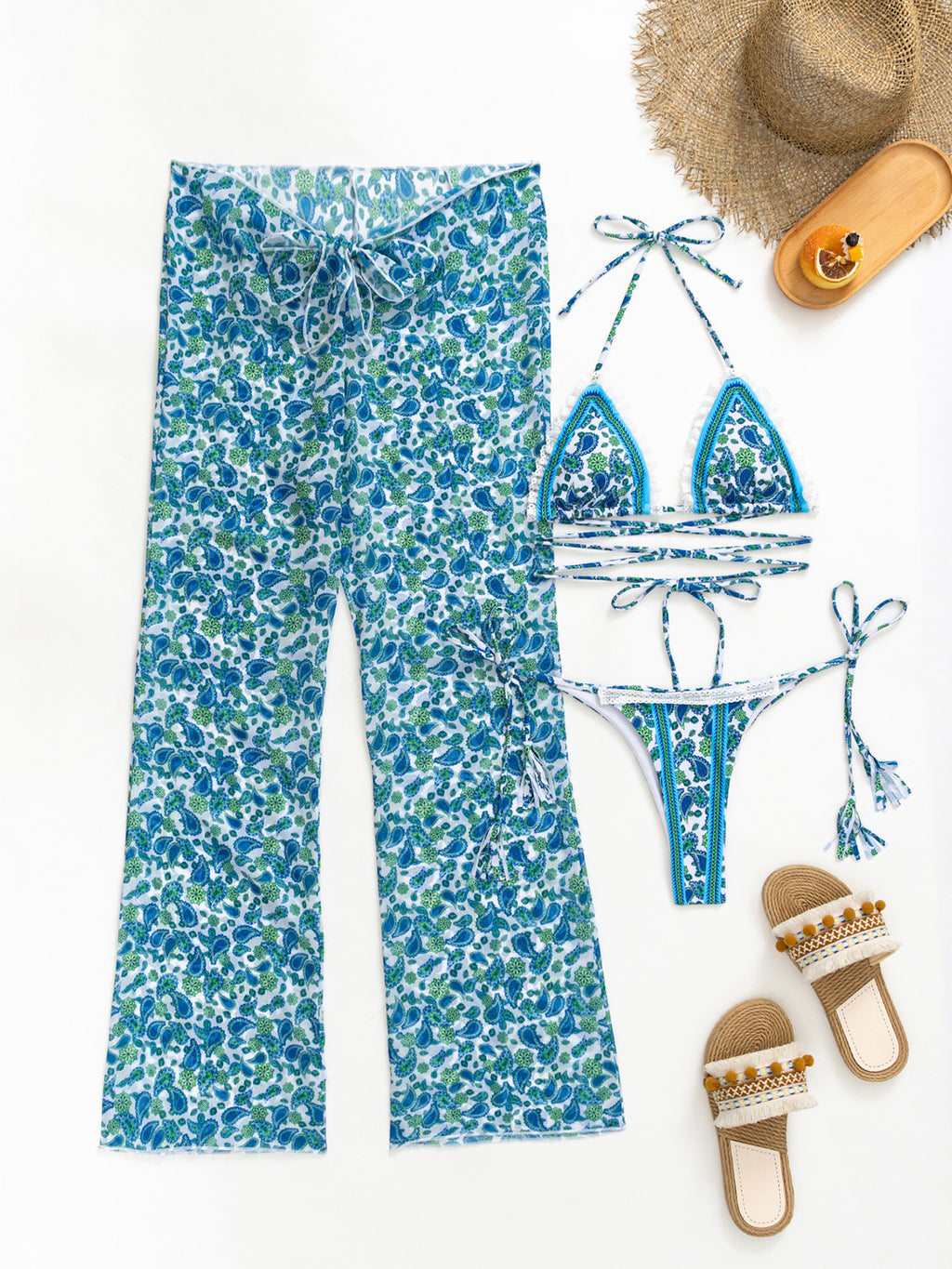 Printed Triangle Bikini And Cover Up Pants - Blue
