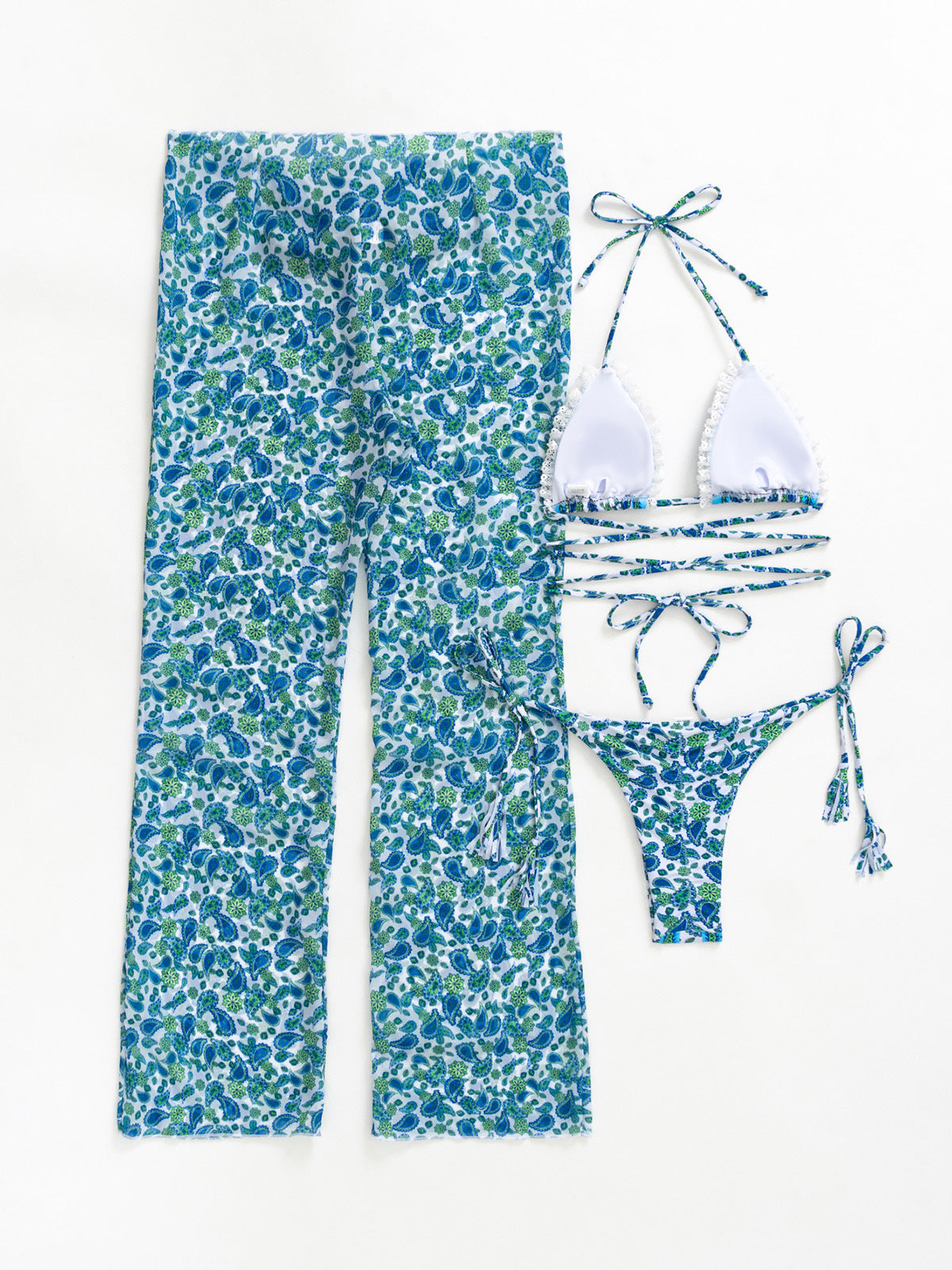 Printed Triangle Bikini And Cover Up Pants - Blue - 1