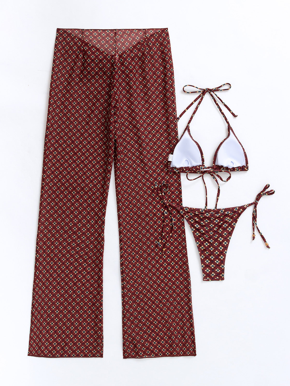 Printed Triangle Bikini And Cover Up Pants - Brown - 1
