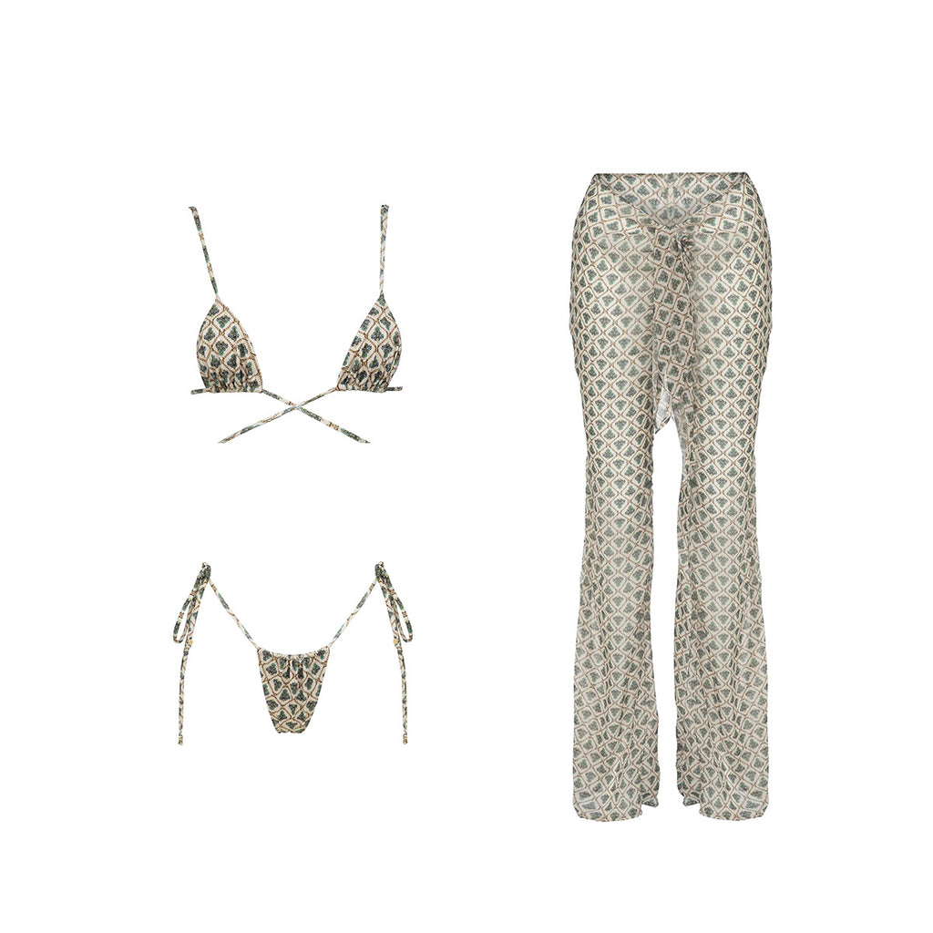 Printed Triangle Bikini And Cover Up Pants - Gray