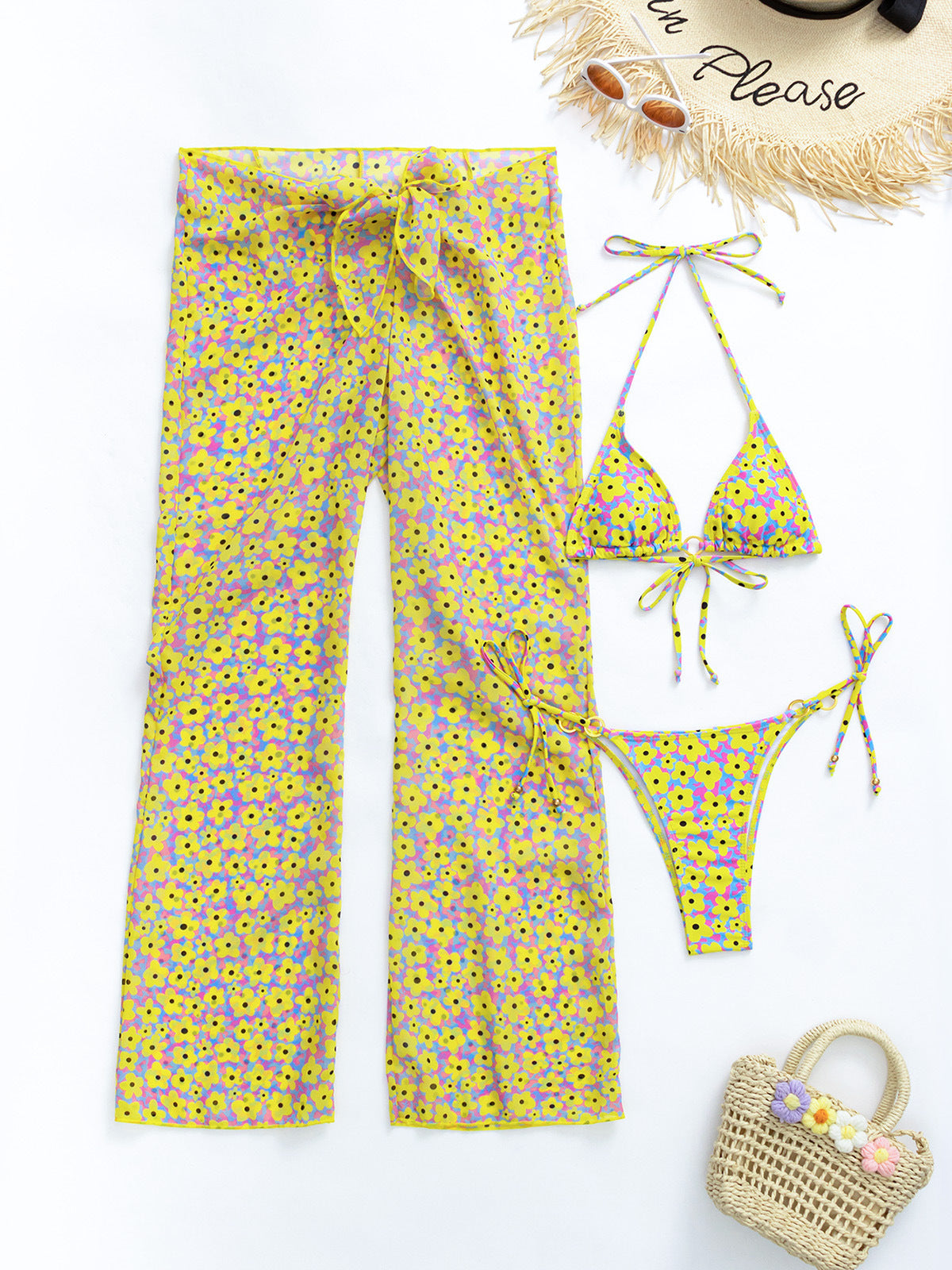 Printed Triangle Bikini And Cover Up Pants - Yellow - 1