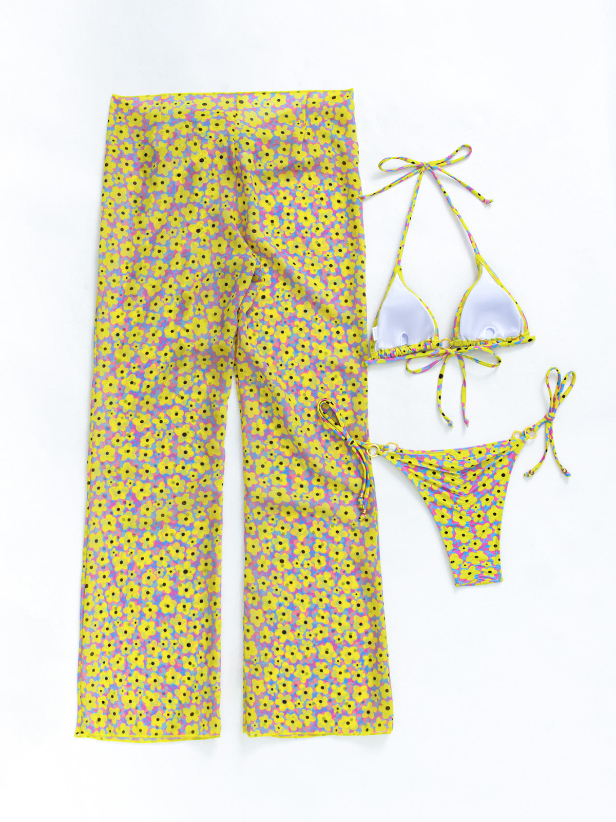 Printed Triangle Bikini And Cover Up Pants - Yellow - 2