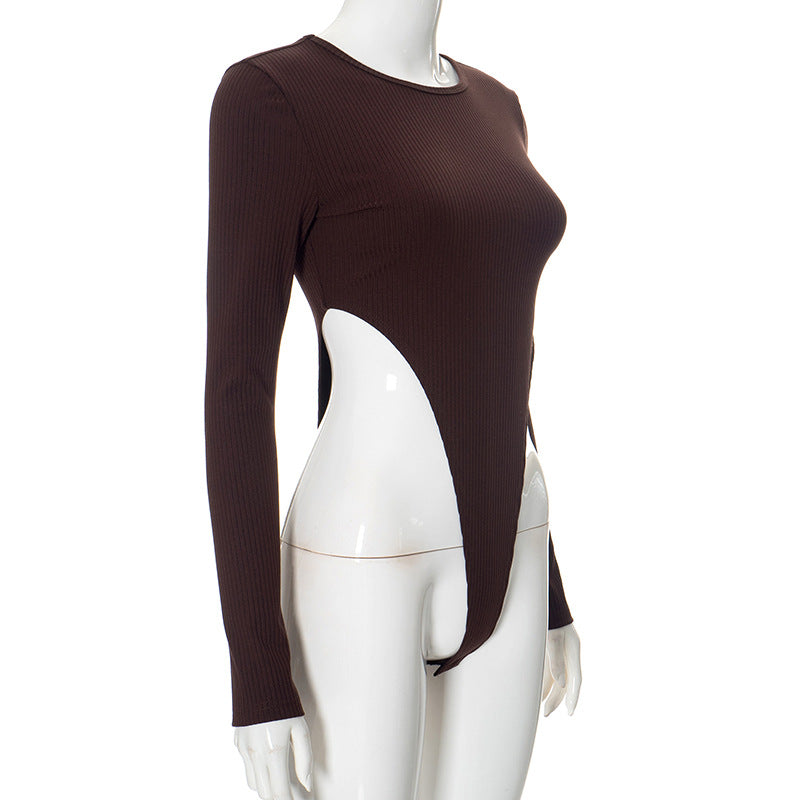 Ribbed Crewneck High Cut Bodysuit - Brown