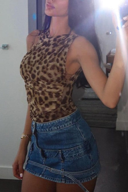 Leopard Print Ruched Mesh Bodysuit - Leopard - 10