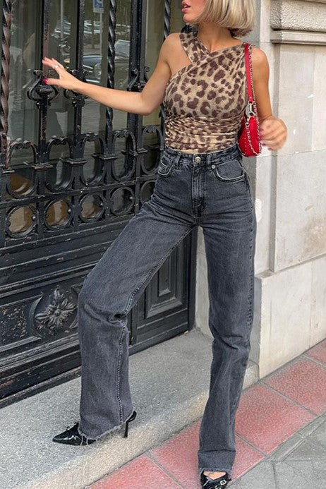 Leopard Print Ruched Mesh Bodysuit - Leopard - 14