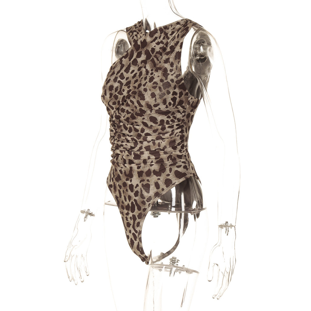 Leopard Print Ruched Mesh Bodysuit - Leopard - 2