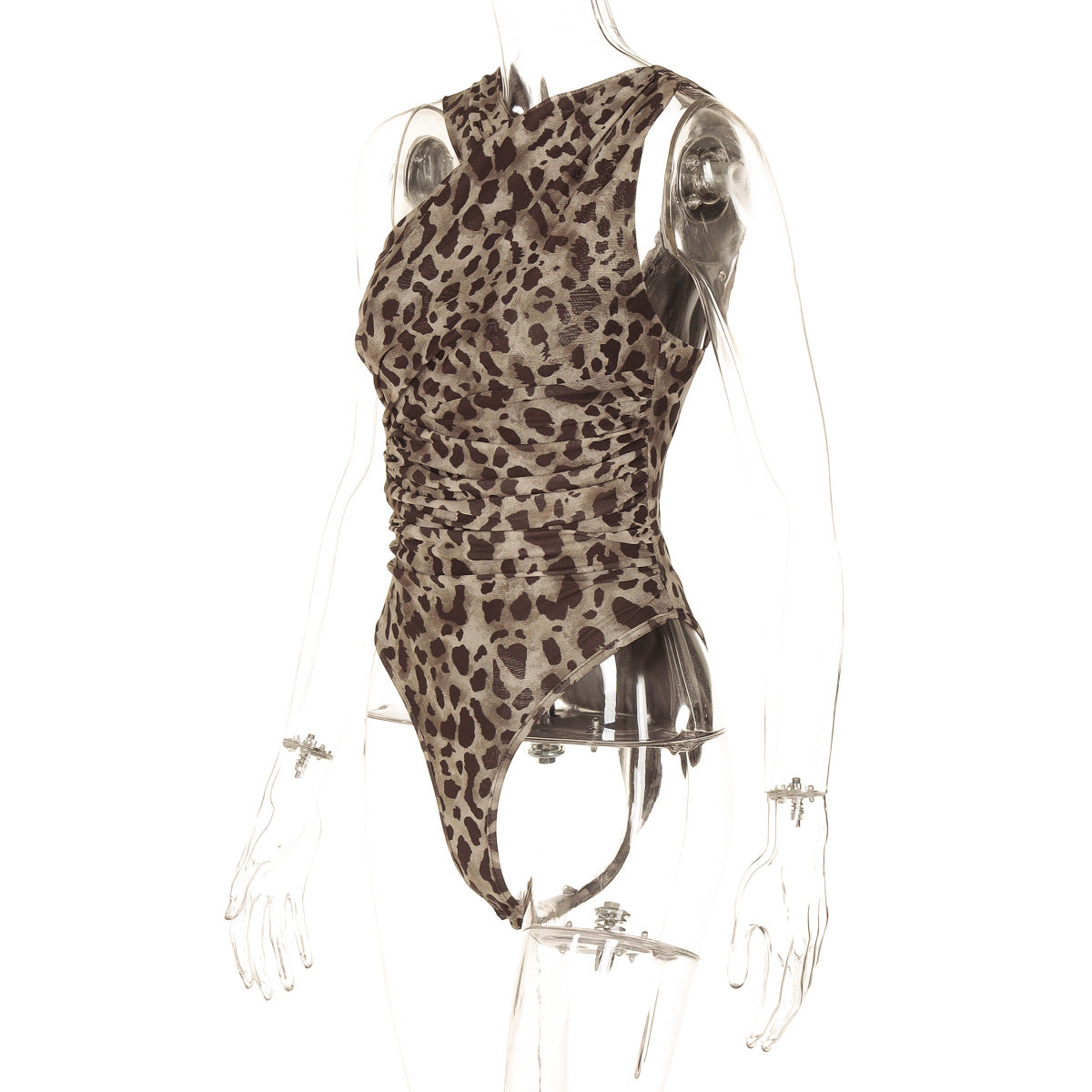 Leopard Print Ruched Mesh Bodysuit - Leopard - 2