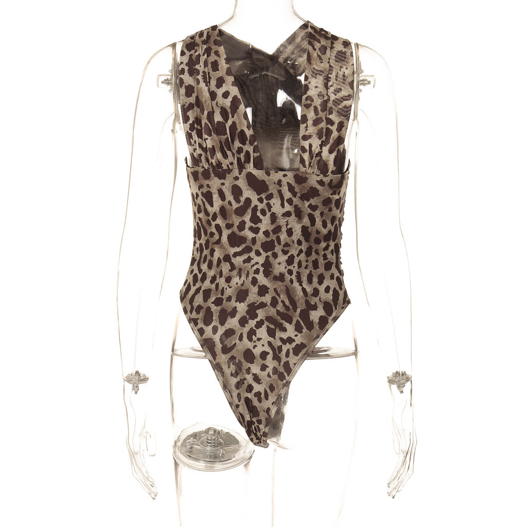 Leopard Print Ruched Mesh Bodysuit - Leopard - 3