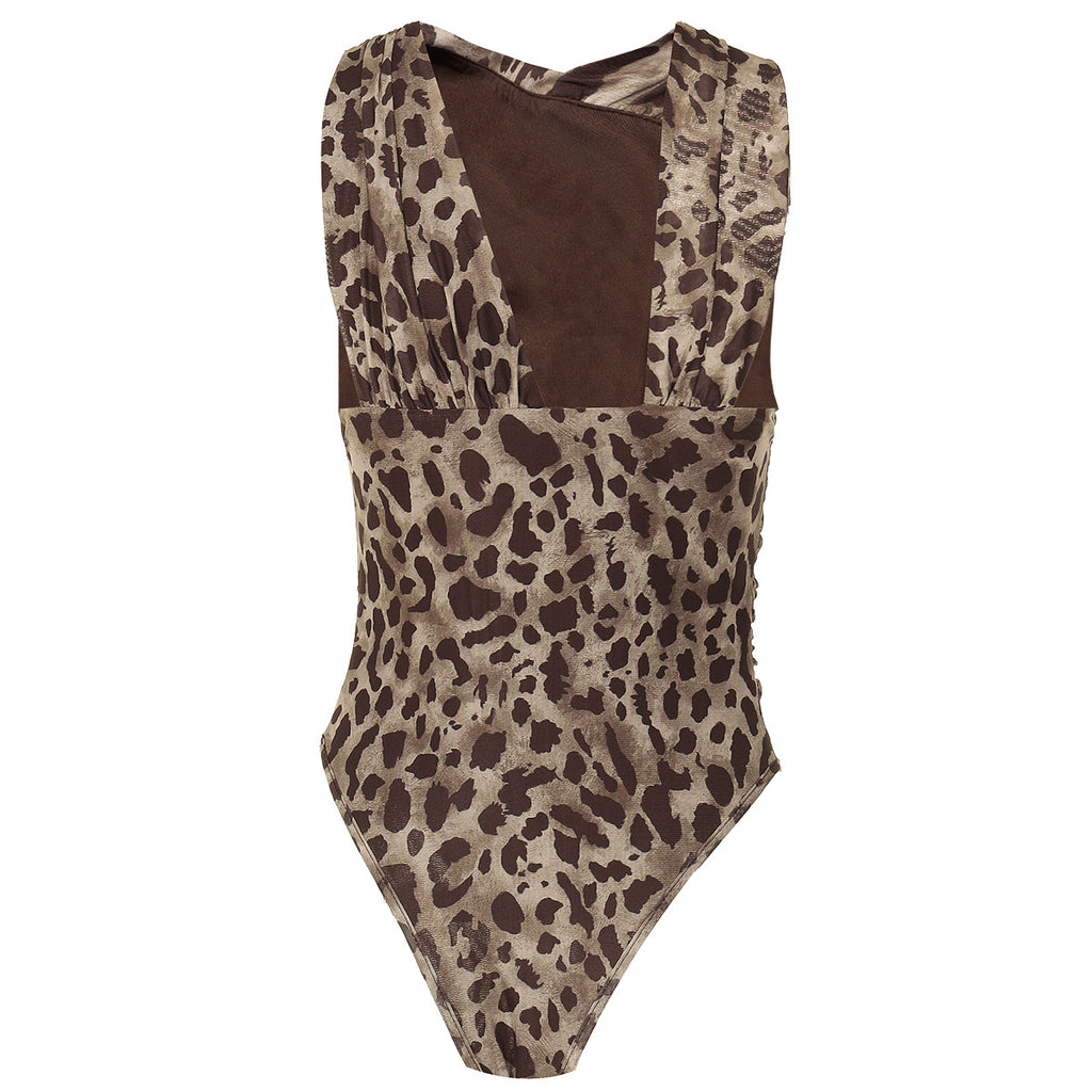 Leopard Print Ruched Mesh Bodysuit - Leopard - 4