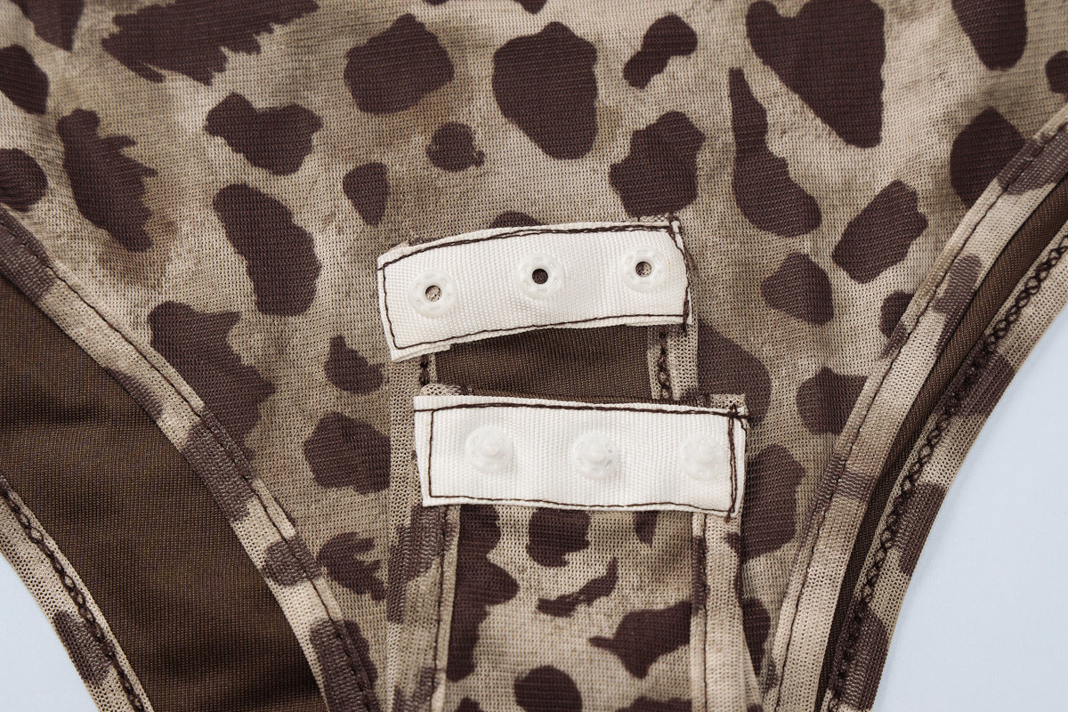 Leopard Print Ruched Mesh Bodysuit - Leopard - 6