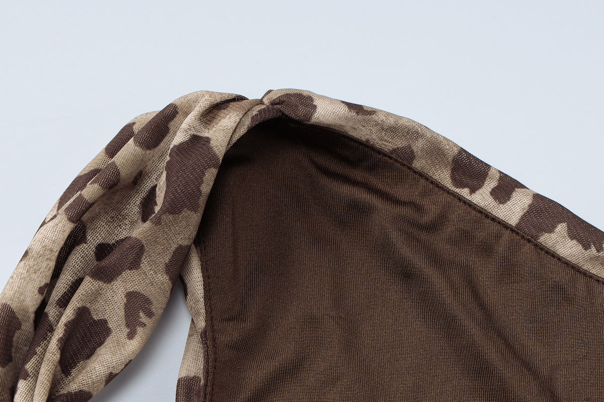 Leopard Print Ruched Mesh Bodysuit - Leopard - 7