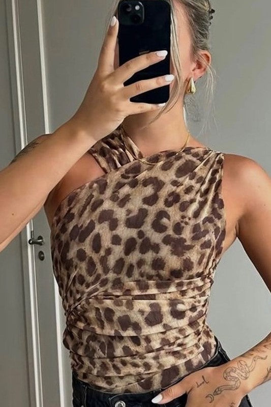 Leopard Print Ruched Mesh Bodysuit - Leopard - 9