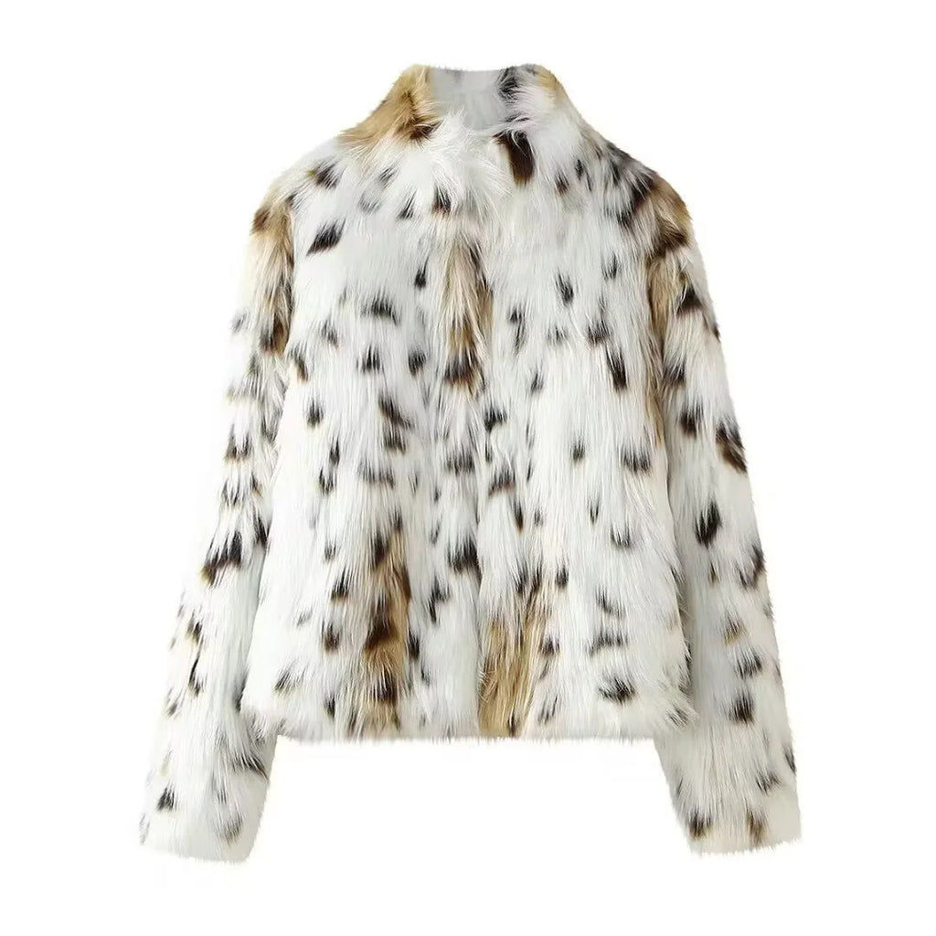 Snow Leopard Print Faux Fur Coat - Printed