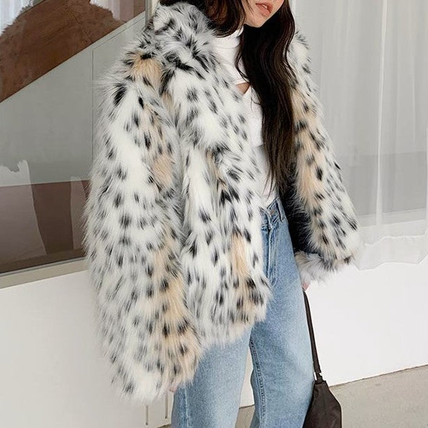 Snow Leopard Print Faux Fur Coat - Printed - 4