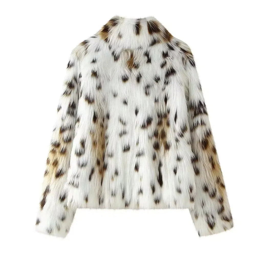 Snow Leopard Print Faux Fur Coat - Printed - 5