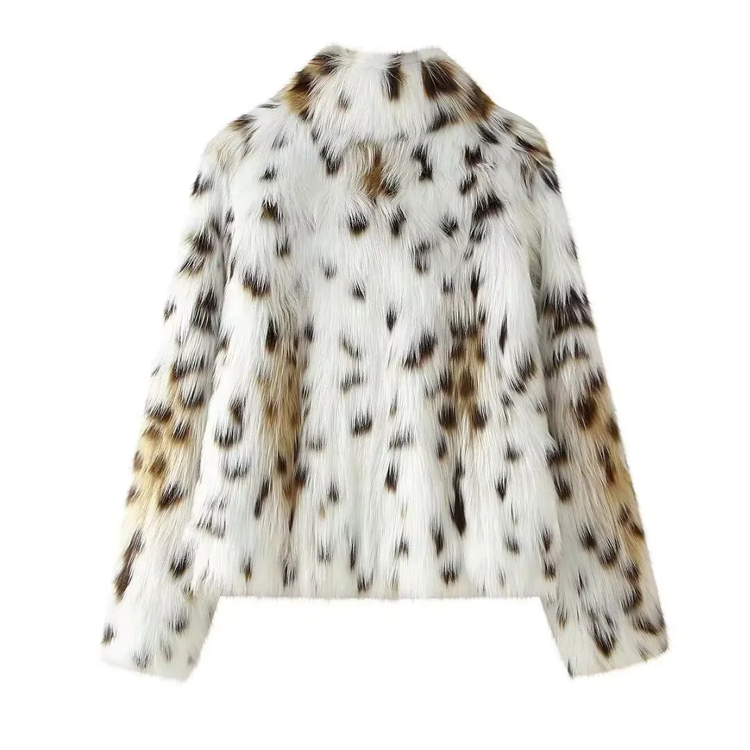 Snow Leopard Print Faux Fur Coat - Printed - 5