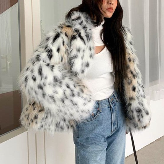 Snow Leopard Print Faux Fur Coat - Printed - 6