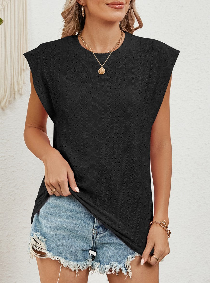 Eyelet Knit Cap Sleeve Crewneck Top - Black - 1