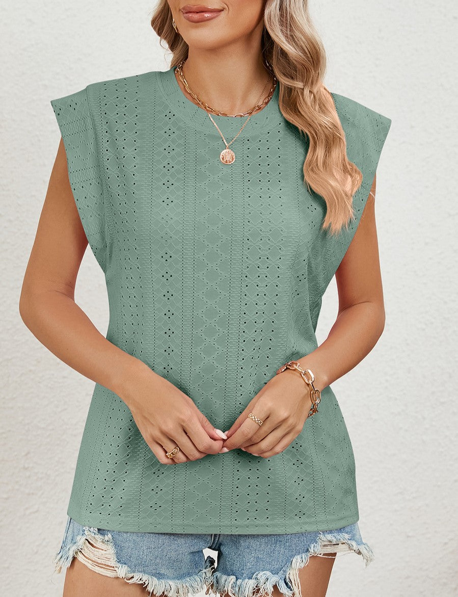 Eyelet Knit Cap Sleeve Crewneck Top - Green - 1