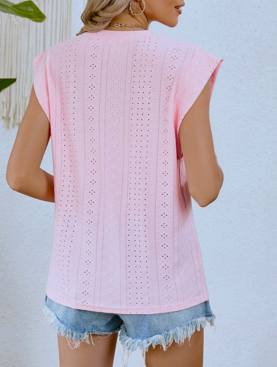 Eyelet Knit Cap Sleeve Crewneck Top - Pink - 2