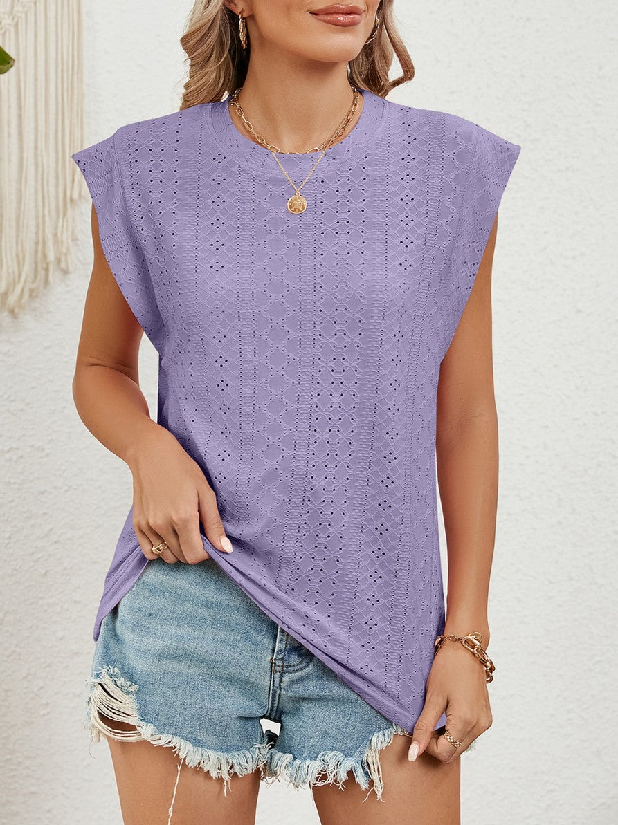 Eyelet Knit Cap Sleeve Crewneck Top - Purple - 1
