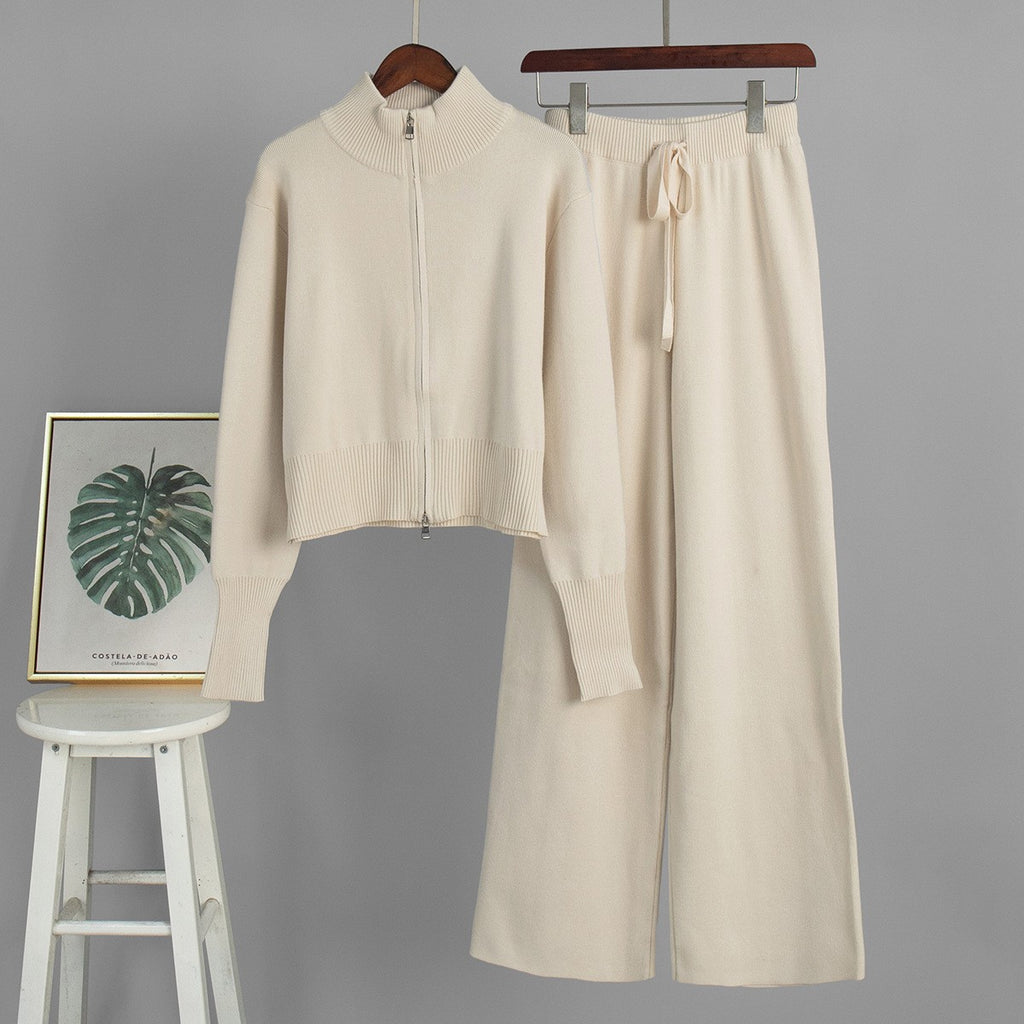 Mock Neck Zip Cardigan and Trouser Set - Beige