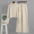 Mock Neck Zip Cardigan and Trouser Set - Beige