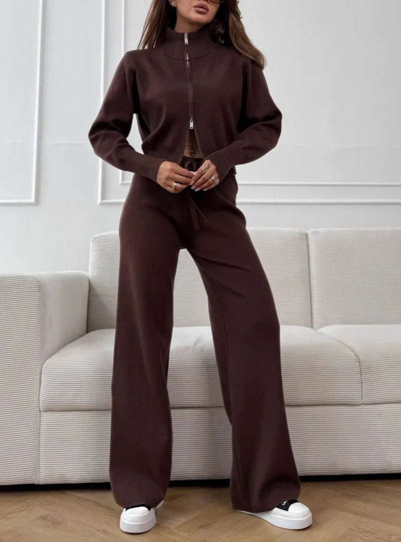 Mock Neck Zip Cardigan and Trouser Set - Brown