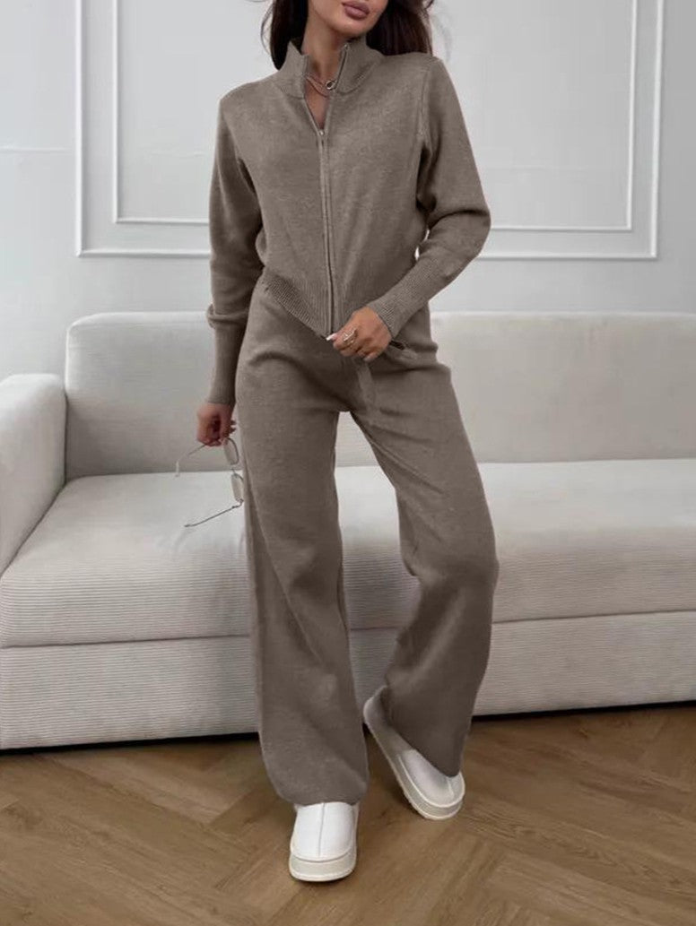Mock Neck Zip Cardigan and Trouser Set - Coffee