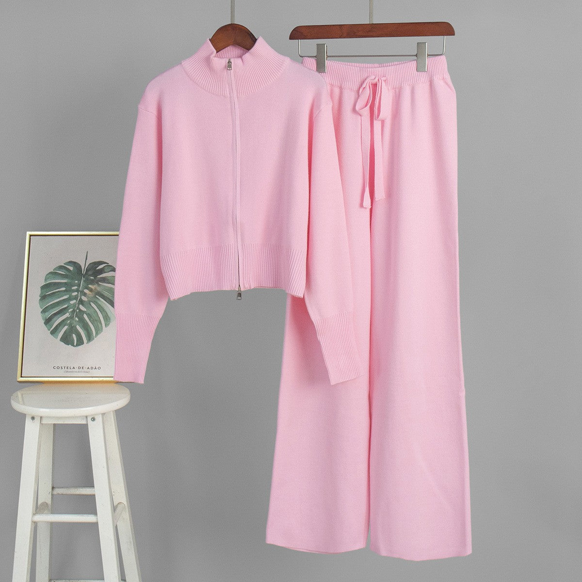 Mock Neck Zip Cardigan and Trouser Set - Pink