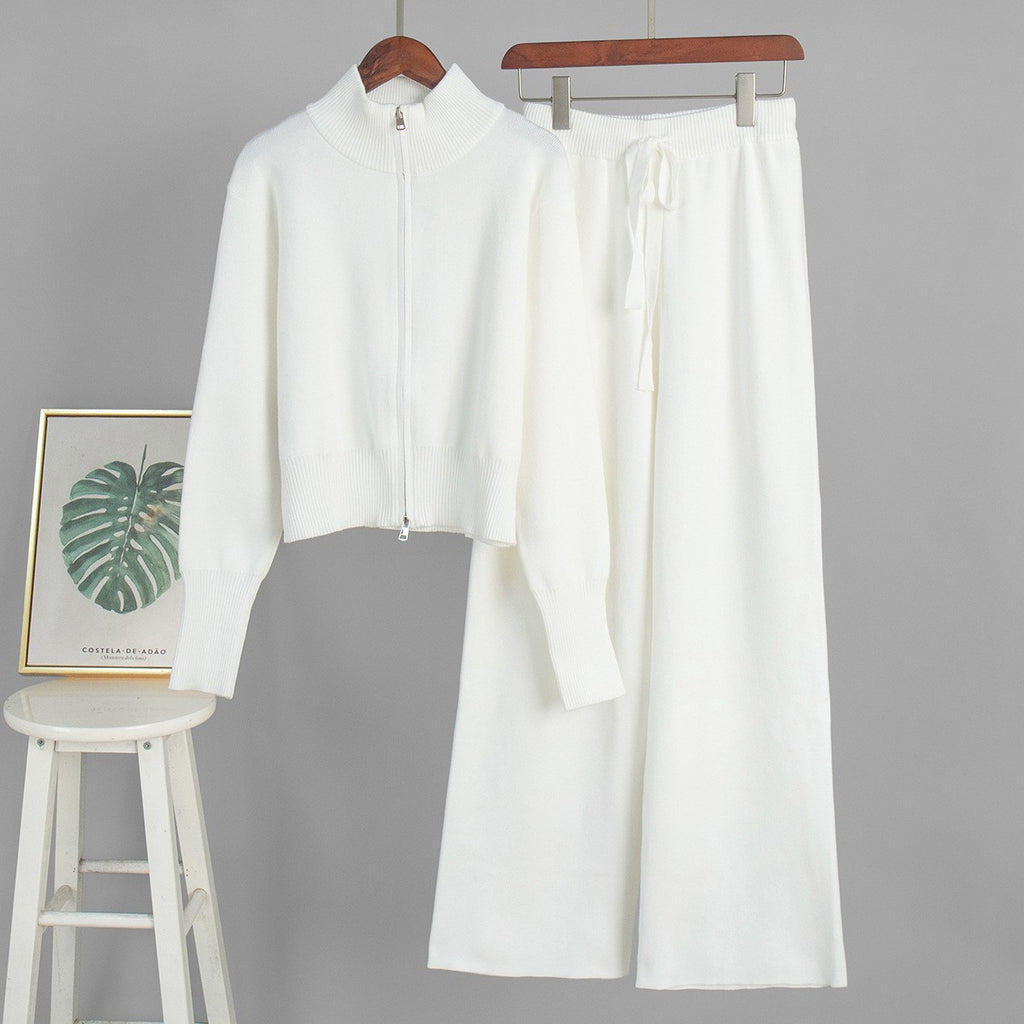 Mock Neck Zip Cardigan and Trouser Set - White