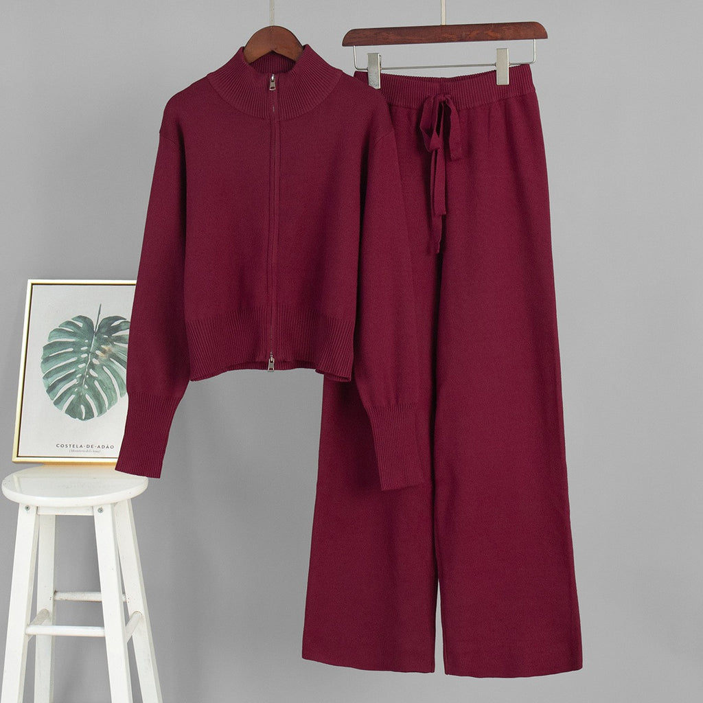 Mock Neck Zip Cardigan and Trouser Set - Winered
