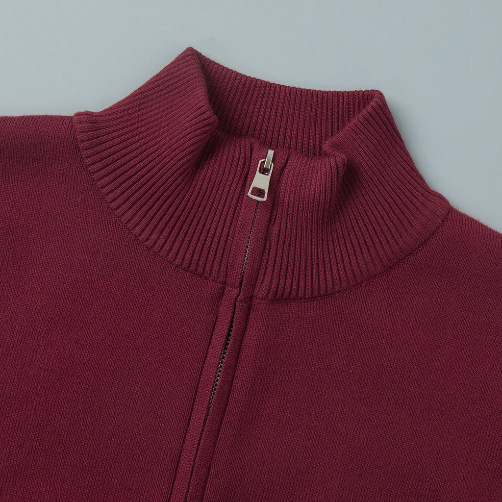 Mock Neck Zip Cardigan and Trouser Set - Winered - 1