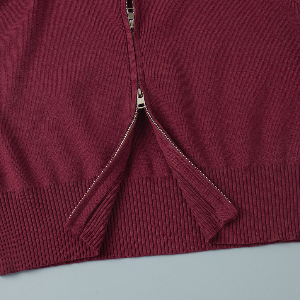 Mock Neck Zip Cardigan and Trouser Set - Winered - 2