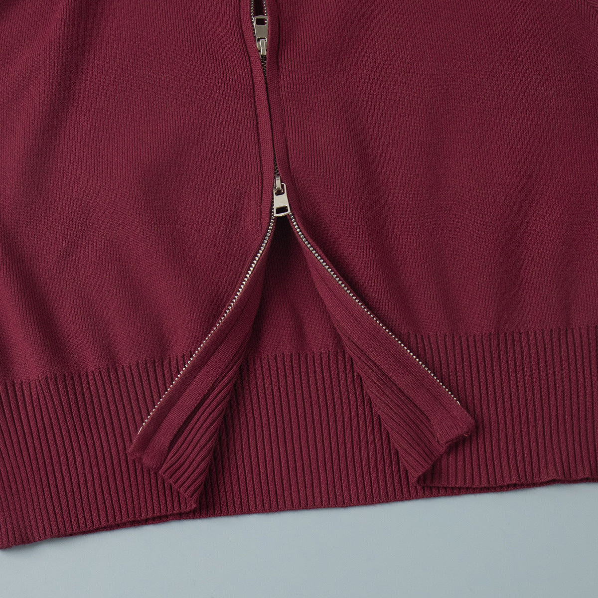 Mock Neck Zip Cardigan and Trouser Set - Winered - 2