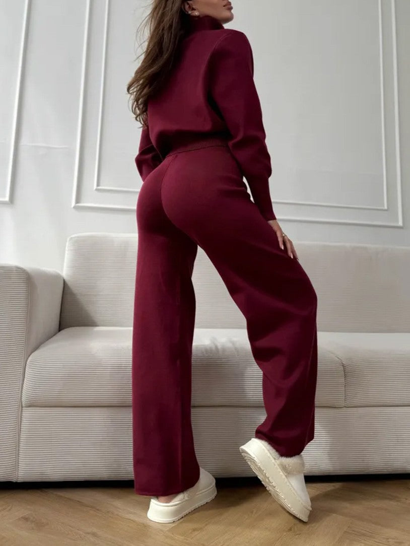 Mock Neck Zip Cardigan and Trouser Set - Winered - 5