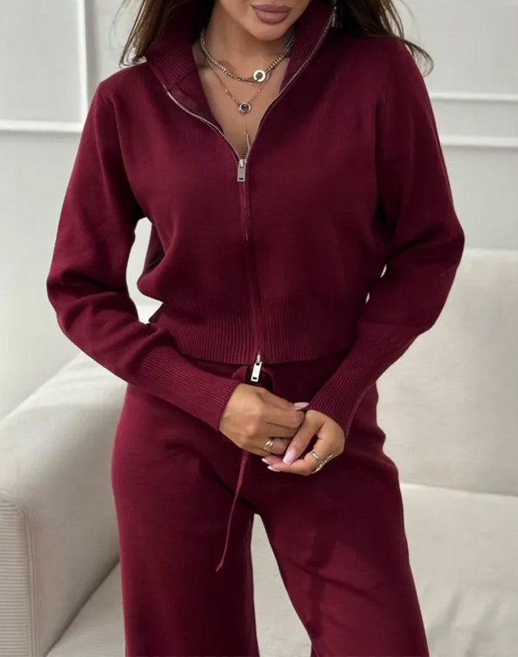 Mock Neck Zip Cardigan and Trouser Set - Winered - 6