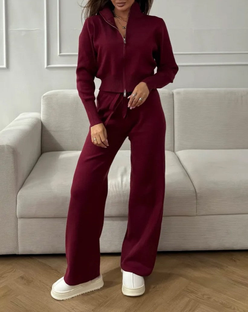 Mock Neck Zip Cardigan and Trouser Set