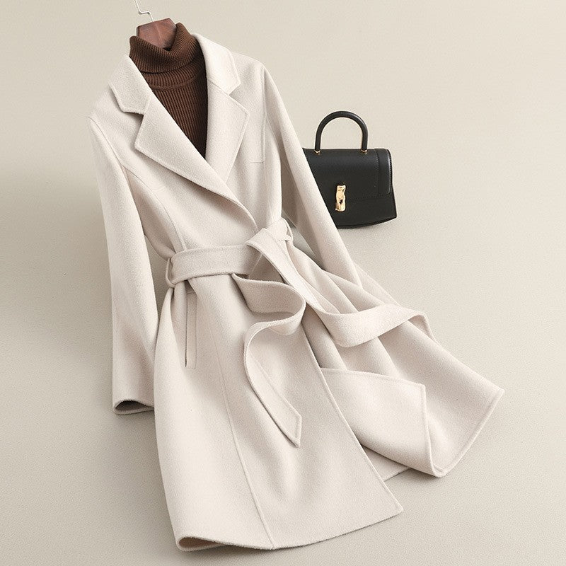 Slim Belted Double-Faced Wool Notched Lapel Long Coat - Ivory
