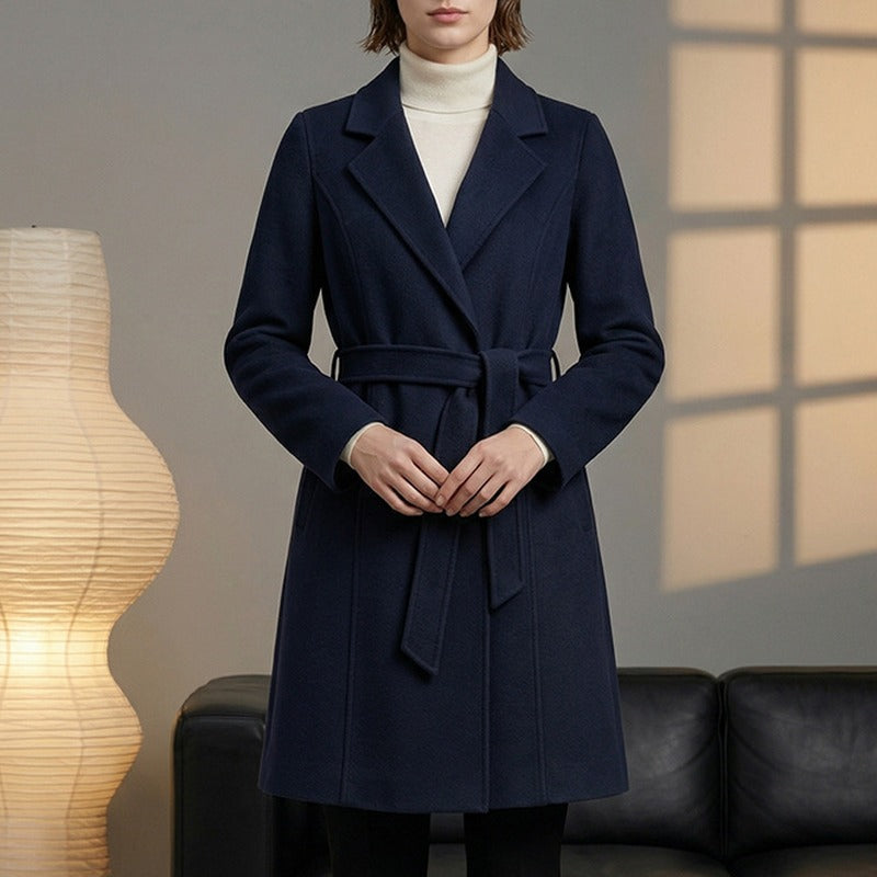 Slim Belted Double-Faced Wool Notched Lapel Long Coat