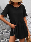 Textured Babydoll Ruffle Sleeve Tunic Top - Black