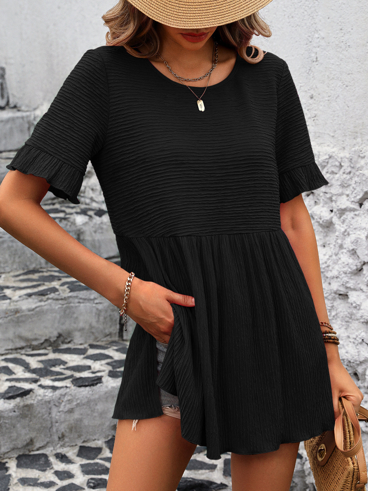 Textured Babydoll Ruffle Sleeve Tunic Top - Black