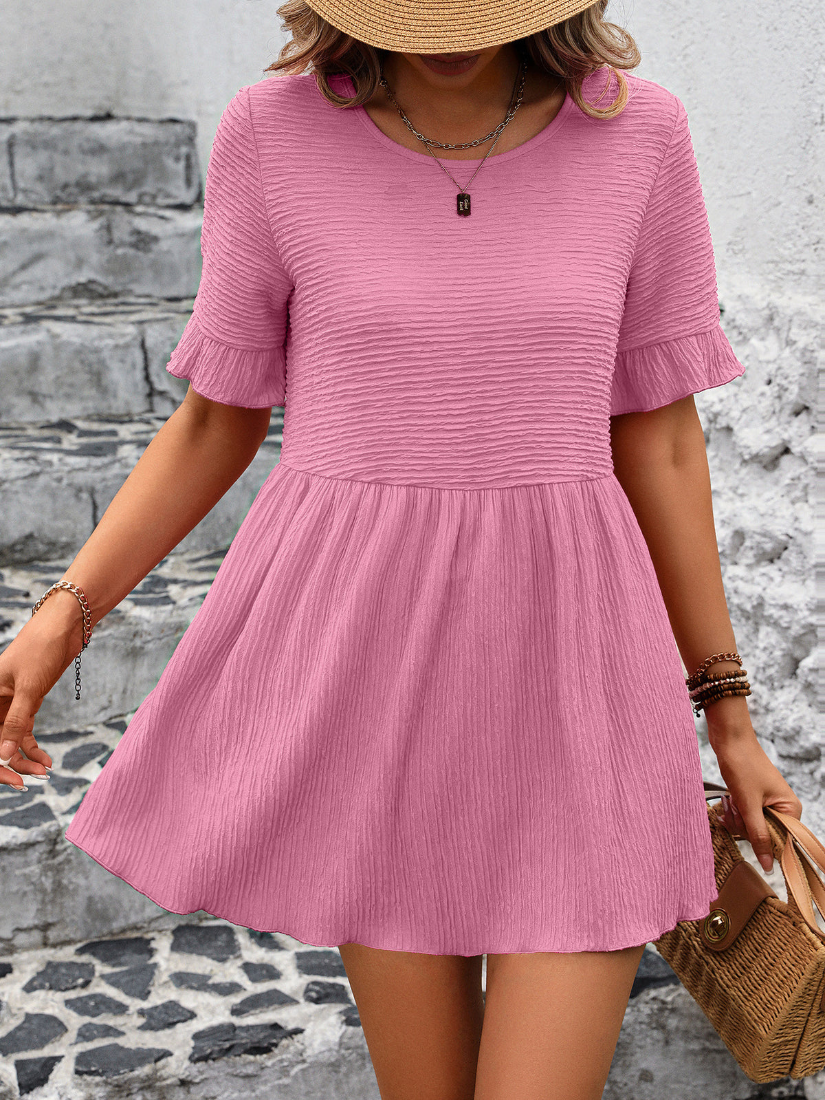 Textured Babydoll Ruffle Sleeve Tunic Top - Pink