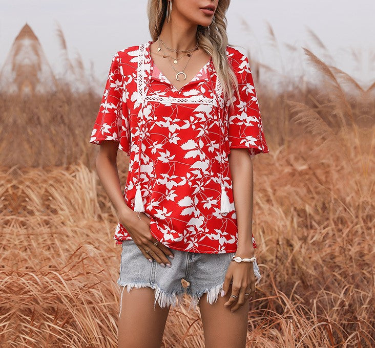 Floral Print Lace Trim Flutter Sleeve Top - Red