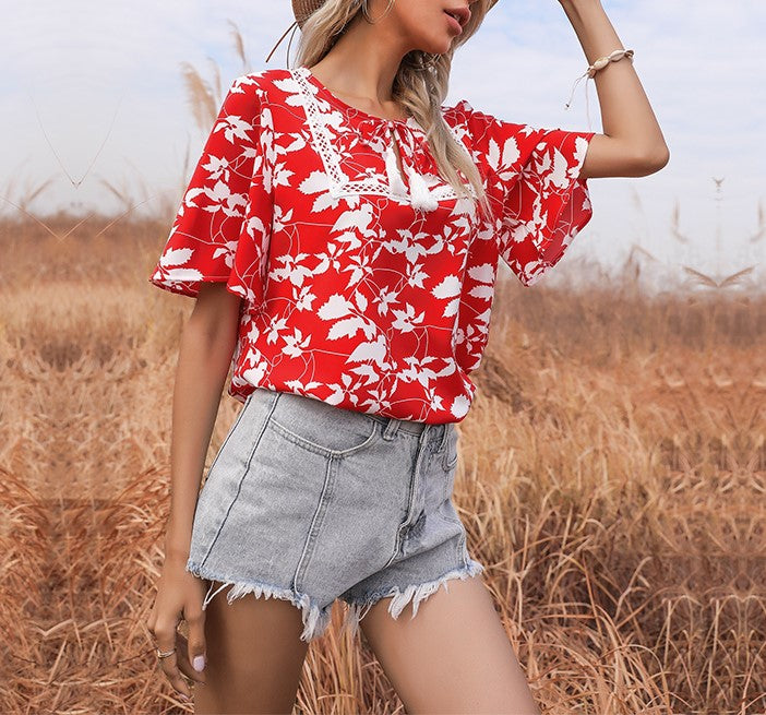 Floral Print Lace Trim Flutter Sleeve Top - Red - 2